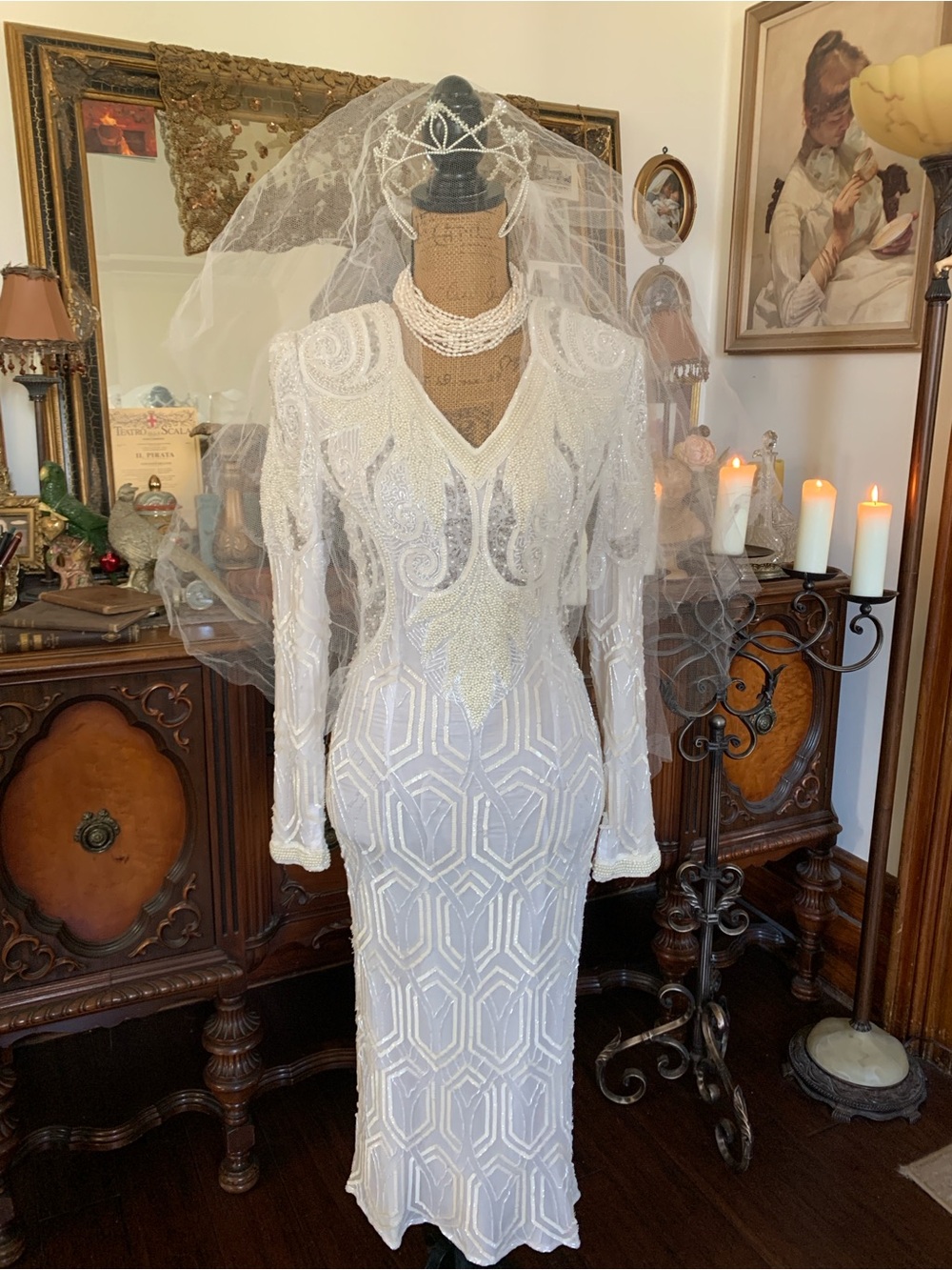 Vintage Ivory 80's/90's Glam Beaded Silk Wedding Bridal Prom Pageant Gown